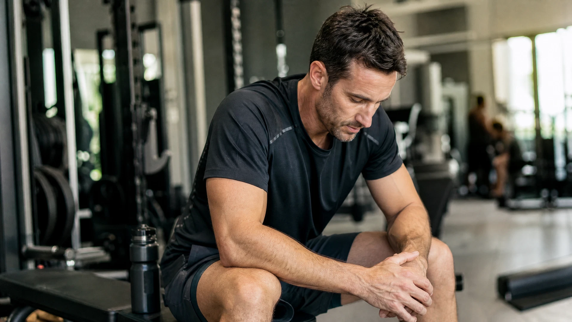 Fit man sitting on a gym bench after a workout, looking thoughtful, gym environment in background