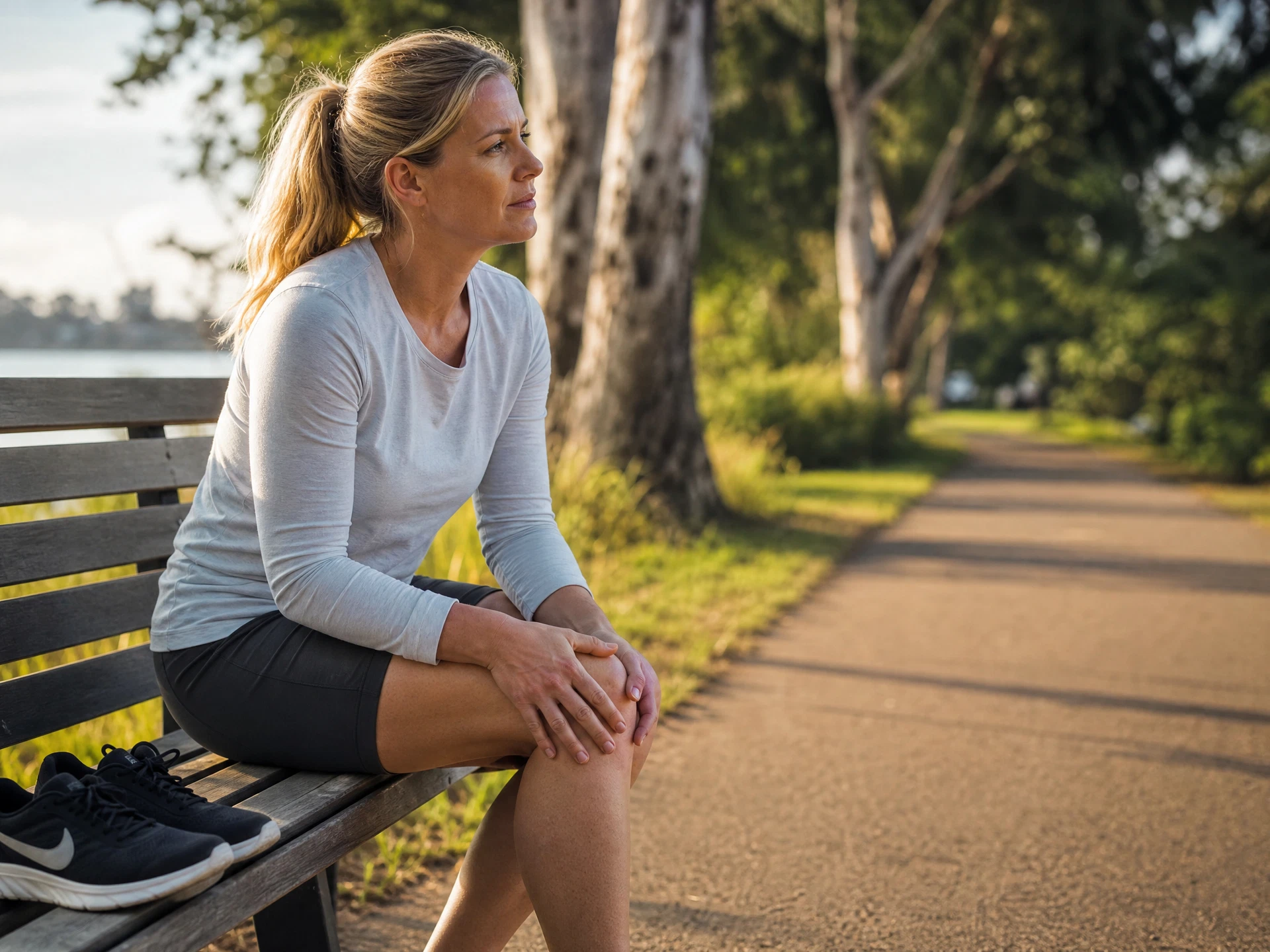Woman in activewear sitting on couch looking at running shoes, unable to exercise
