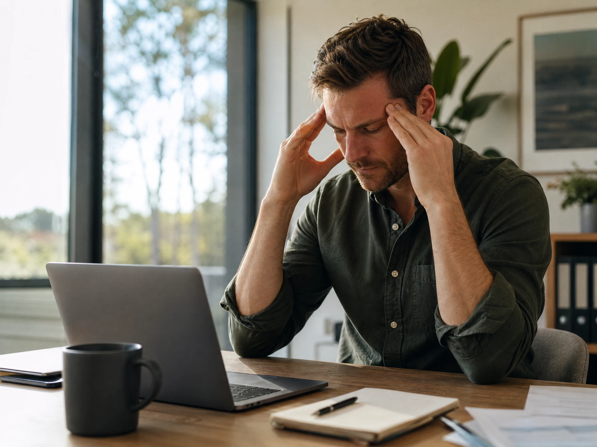 Man at desk pressing fingers to temples with a headache after hours at the computer