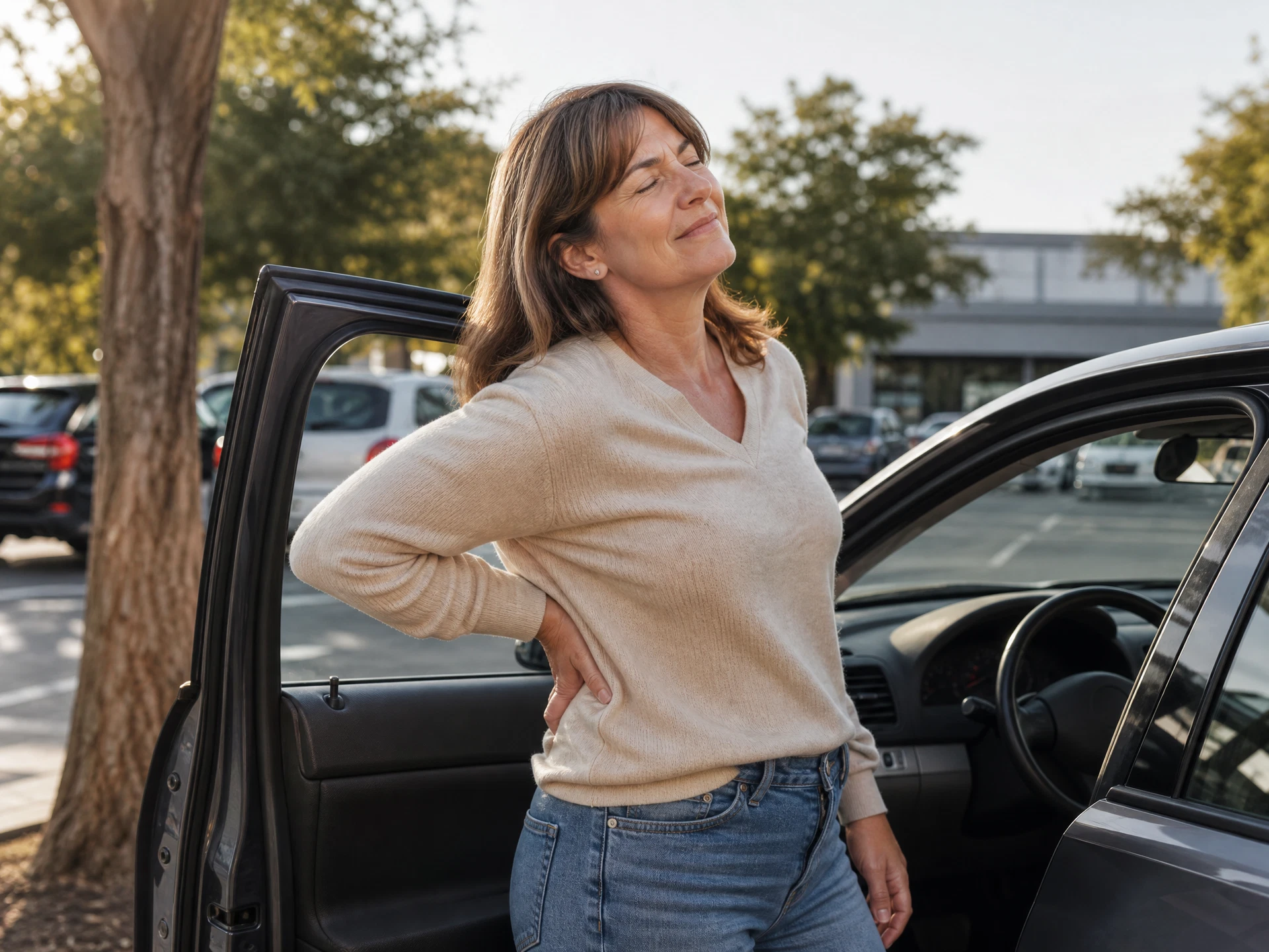 Woman getting out of car after a long drive, hand on lower back, wincing
