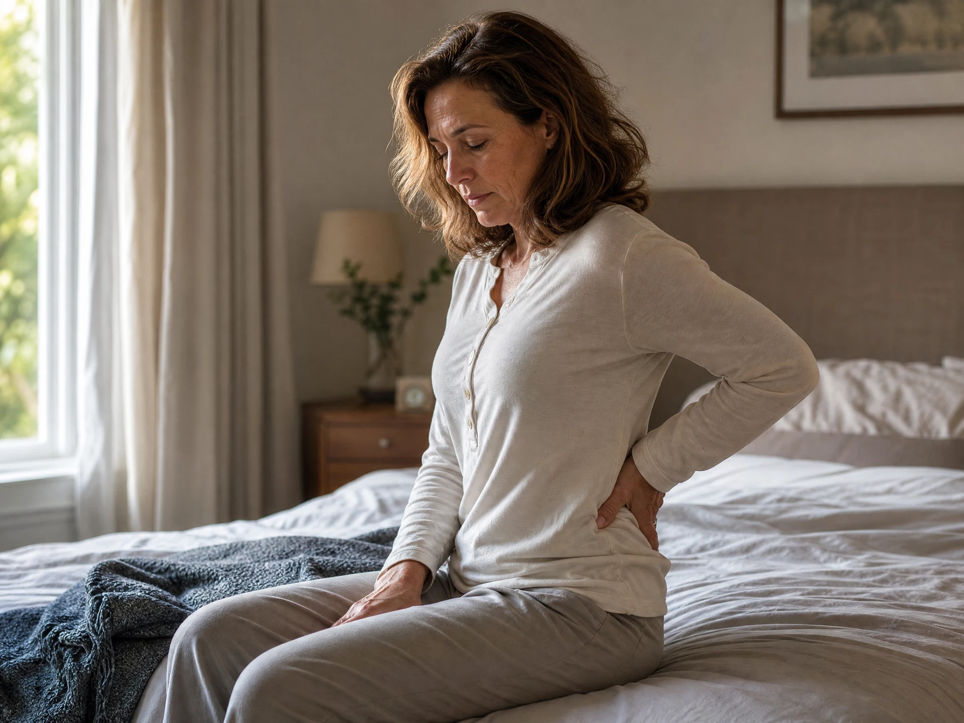 Woman sitting on edge of bed in the morning holding her lower back in pain